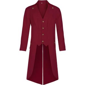 Mens Steampunk Pirate Tailcoat Jacket Gothic Victorian Tailcoat Renaissance Vintage Coat Halloween Costume (X-Large, Red)