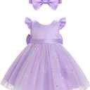 OBEEII Baby Girls Birthday Cake Smash Outfit Formal Baptism Photoshoot Tulle Dress Wedding Flower Girl Dress with Headband (Purple)
