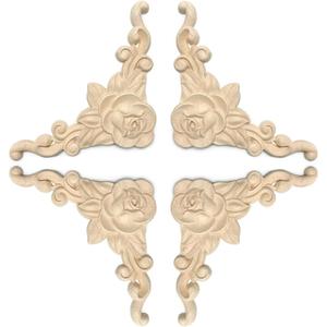 4 Pcs Wood Appliques and onlays for Furniture Decorative Wooden Carved Corner Appliques Decal 5.9inch Unpainted Molding Trim Corner for Wall Furniture Wardrobe Mirror Closet DIY Decoration