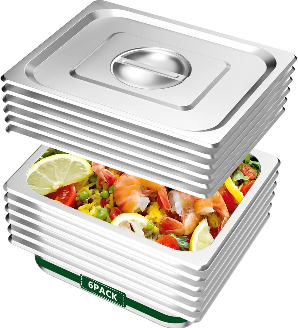 BAKPOCO Hotel Pan With Lid 1/2 Half Size - 2.5" Deep 6 Packs Stainless Steel Food Pan for Steam Table, Commercial Restaurant, Anti Jam, Buffet, Home
