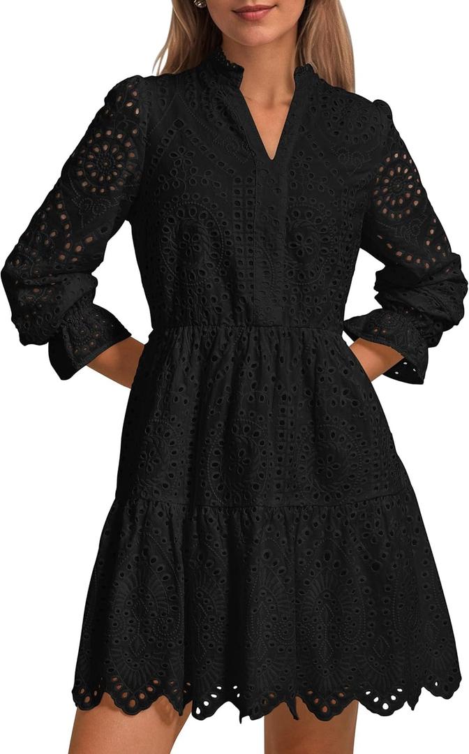 PRETTYGARDEN Women's Spring 2025 Long Puff Sleeve Mini Dress Hollow Out Lace V Neck A Line Ruffle Casual Party Dresses (Black)