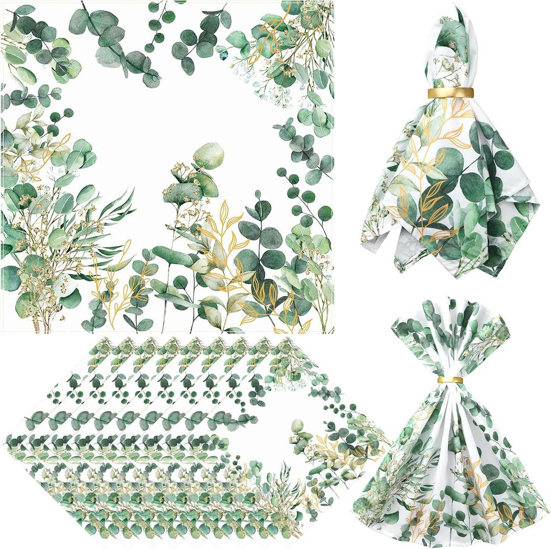 12 Pcs Eucalyptus Greenery Cloth Napkins 20"x20" Washable Dinner Tea Party Napkins for Kitchen Party Wedding Restaurant Indoor Outdoor Botanical Fresh Spring Summer