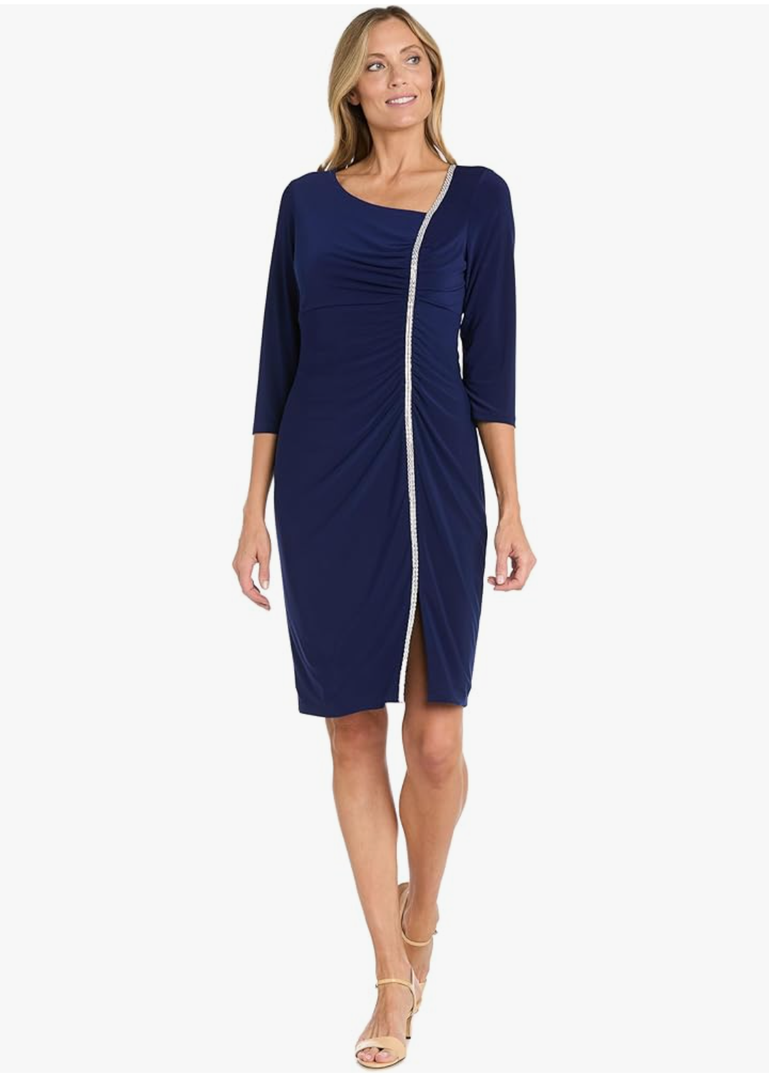 R&M Richards Elegant Knee Length 3/4 Sleeve Asymmetric Neckline Dress W/ & Rhinestone Trim & Slit, Size 18