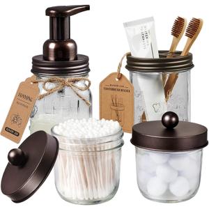 Amolliar Mason Jar Bathroom Accessories Set(4 Pack) - Foaming Soap Dispenser&Qtip Holder Set&Toothbrush Holder-Rustic Farmhouse Decor Bathroom Organizer Apothecary Jar Country Countertop (Bronze)