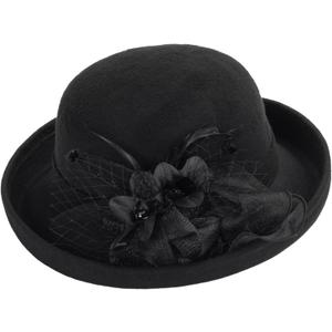 Women-Felt-Bowler-Fedora-Hat with Floral-Fascinator for Kentucky-Church-Derby-Wedding-Party (Medium-Large, Black)