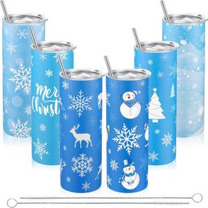 Sliner 6 Pcs Christmas Skinny Tumblers Set 20 oz Christmas Stainless Steel Travel Coffee Mug Holiday Insulated Water Tumbler with Lid and Straw Xmas Gift Set for Women Men Friends Family (Winter)