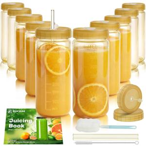 Ruckae 16oz 10 Pack Glass Juice Bottles with Dual Scale, Reusable Glass Bottles with Hole Lids and Straws Mason Jar for Juicing, Smoothies, Kombucha - Water Bottle for Fridge or Gym (Gold)