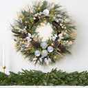 Christmas Lighted Wreath for Front Door, 28 Inches Pre-Lit 35 LED Lights Silvery Artificial Holiday Wreath with Silver Ornaments for Indoor Outdoor Home Decorations