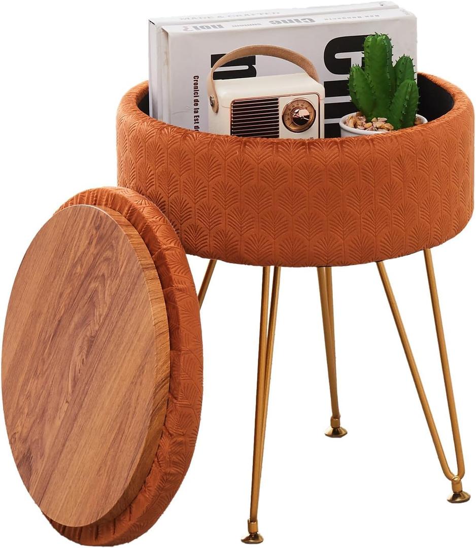 Cpintltr Modern Velvet Foot Rest Stool Upholstered Round Storage Ottomans Multipurpose Dressing Stools Luxury Home Decor Ottoman Coffee Table Top Cover Footstool with Metal Legs Pumpkin Brown