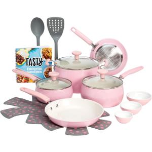Tasty Clean Ceramic Non-Stick Aluminum Cookware Set, Tempered Glass Lid, Dishwasher Safe, 16-Piece, Pink