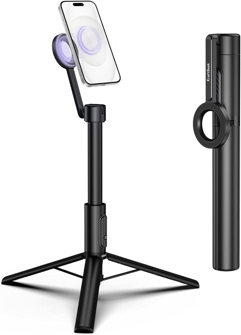 KraftGeek Magnetic Tripod for iPhone, 64 Selfie Stick for iPhone Magsafe, Phone Tripod Stand with Remote for Cell Phone Video Recording Travel (64 Inches-Black)