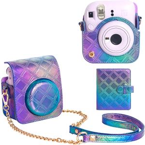 WOGOZAN Protective Case for Fujifilm Instax Mini 12 Instant Case, Mini 12/11 PU Leather Camera Case with 64 Pocket 2x3 Photo Album, Metal Chain Shoulder Strap (No Camera) - Pearl Blue Purple