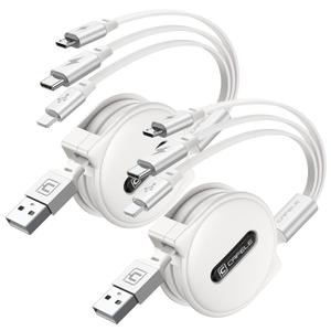 CAFELE Multi Charging Cable 3A, [2Pack 4ft] Retractable USB Charging Cable with Type C/L/Micro USB Ports, 3 in 1 Multi Fast Charger Cord for Multiple Devices, Phone 16 15 14/Galaxy/Pads/Tablets-White
