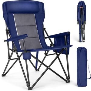 ALPHA CAMP Oversized Folding Camping Chairs High Backrest Heavy Duty Lawn Chairs for Adults Support 500 LBS Portable Camp Chairs with Cup Holders Large Side Pocket for Outdoor (Navy Blue)
