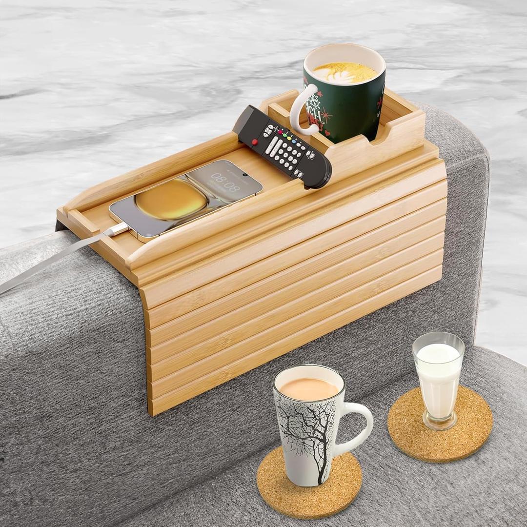 Bamboo Couch Cup Holder Tray with 2 Cork Coasters, Couch Caddy, Anti-Slip Foldable Armrest Sofa Tray, Couch Armrest Table, Anti-Spill Holder for Remote, Snacks, Cellphone - Ideal Gift