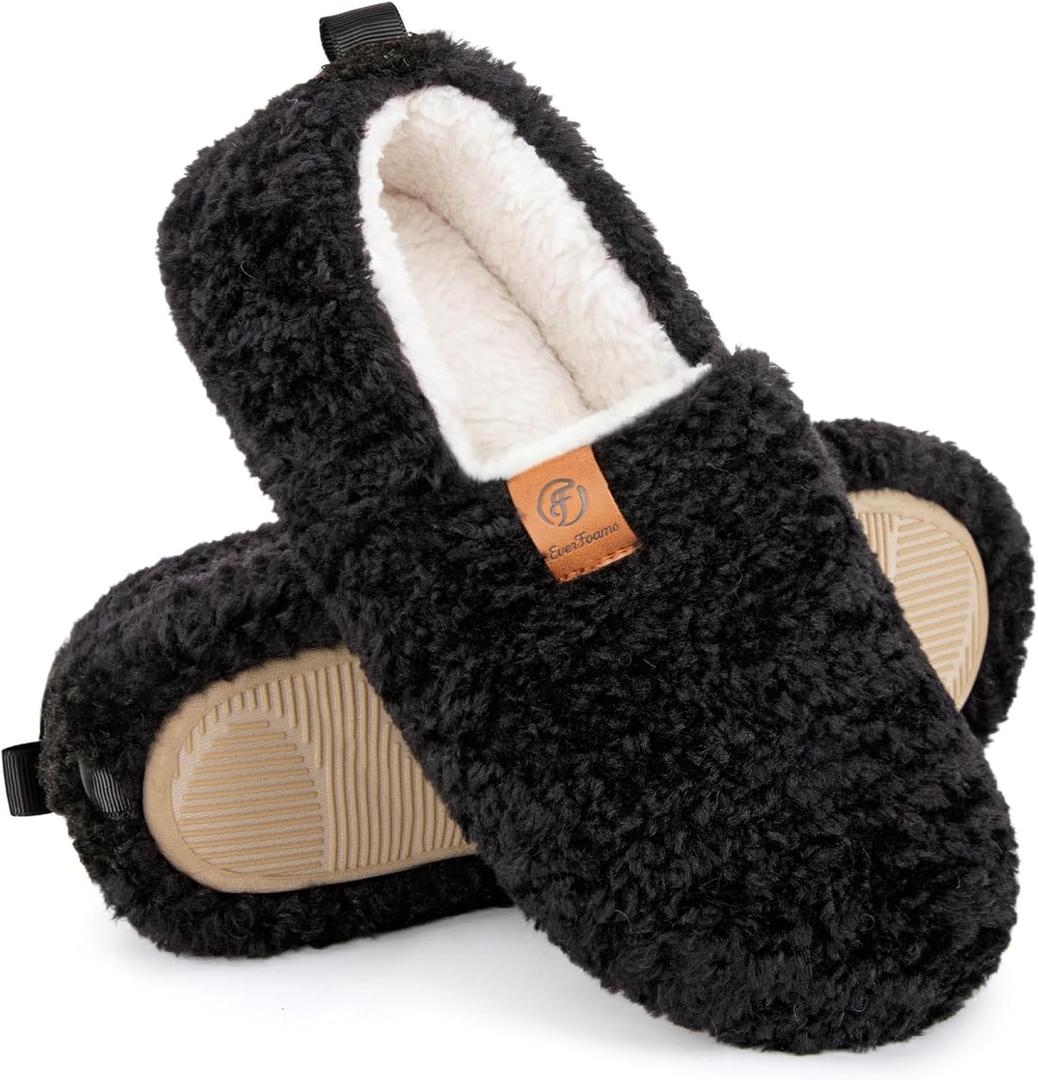 EverFoams Womens Soft Curly Full Slippers Memory Foam Lightweight House Shoes Cozy Loafer with Polar Fleece Lining (8.5, Black)