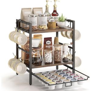 Coffee-Bar-Organizer With 25 K Cup & 12 Mup Holder, 3-Tier Kitchen Countertop Organizer For Coffee Station, Coffee Bar Shelf For Counter (X-Large, Rustic Brown)