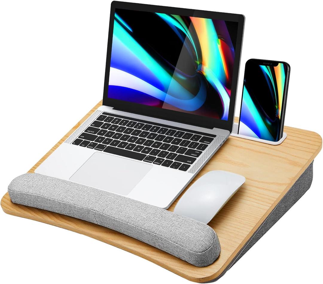 HUANUO Lap Laptop Desk - Portable Lap Desk with Pillow Cushion, Fits up to 15.6 inch Laptop, with Anti-Slip Strip & Storage Function for Home Office Students Use as Computer Laptop Stand - Light Wood (Medium, Light Brown Woodgrain)