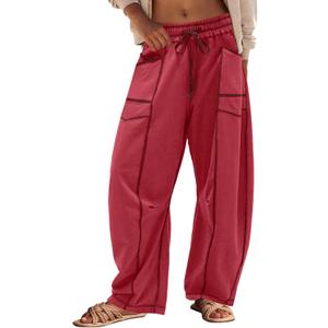 Panadila Womens Barrel Pants Drawstring Wide Leg Sweatpants Baggy Summer Lounge Pants Casual Beach Trousers (Red, M)