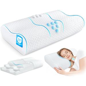 Cervical Neck Pillow for Pain Relief- Queen Size Adjustable Cooling Pillow for Sleeping, Memory Foam Pillows for Neck Shoulder, Ergonomic Contour Bed Pillow for Side, Stomach & Back Sleepers