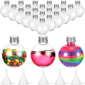 Layhit 24 Pcs Spherical Plastic Potion Bottles Ball Shape Round Bottles 3.4 oz Sand Art Jar with 5 Funnels Decorative container Candy Jar for Valentines Birthday DIY Crafts(Silver,Aluminum Lid)