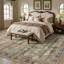 8x10 Area Rugs for Living Room - Washable Vintage Retro Large Rug, Soft Ultra Thin Non Slip Low Pile Traditional Distressed Boho Carpet for Bedroom Dining Room Home Office, Charcoal Olive
