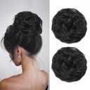 2PCS Messy Bun Hair Piece Wavy Curly Tousled Updo Hair Buns Synthetic Chignon Elastic Hair Band Fake Bun Hair Pieces for Women (Natural Black, 2PCS Same)