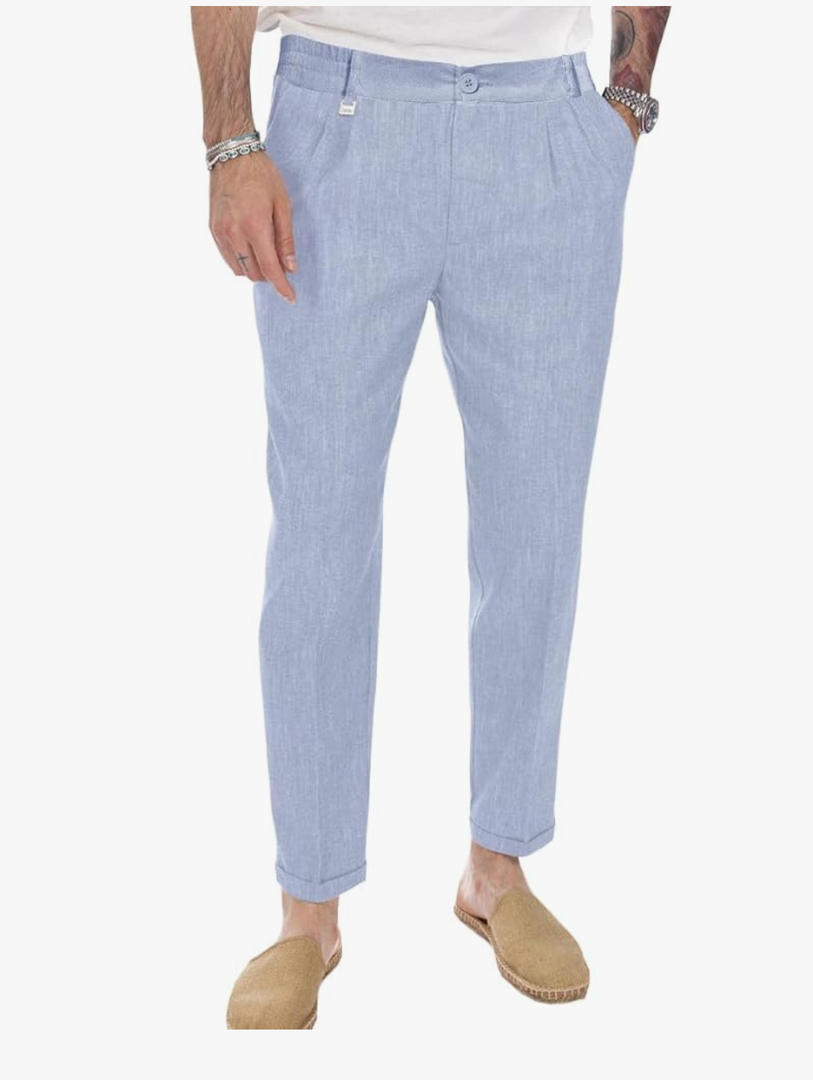 Beotyshow Mens Linen Pants Casual Elastic Waist Trousers Summer Beach Lightweight Pants, XL