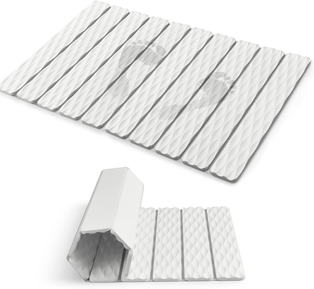 Foldable Stone Bath Mat, Quick-Dry Diatomaceous Earth Stone Drying Mat for Bathroom, Non-Slip Rubber Base, Shower Mat Outside Shower, Easy to Store, Easy to Clean 【White】