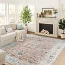 jinchan Area Rug 6x9 Living Room Rug - Washable Vintage Large Boho Floral Floor Cover Lightweight Low Pile Thin Non-Slip Retro Distressed Carpet for Bedroom Dining Room Kitchen Office Pink Blush