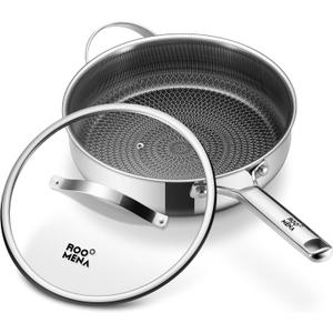 Roomena Saute Pan with Lid, Hybrid Ceramic Nonstick 12 Inch 5Quart TriPly Stainless Steel Skillet, PFAS/PFOA/PTFE Free