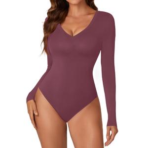 KIFOVEN Women's Sexy Deep V Neck Long Sleeve Bodysuit Dark Red Medium