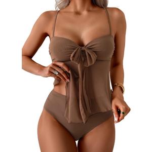 B2prity Womens Mesh Tankini Swimsuits Flowy Two Piece Bathing Suit V Neck Tie Knot Swim Top with High Waisted Bottom (X-Large, Brown)