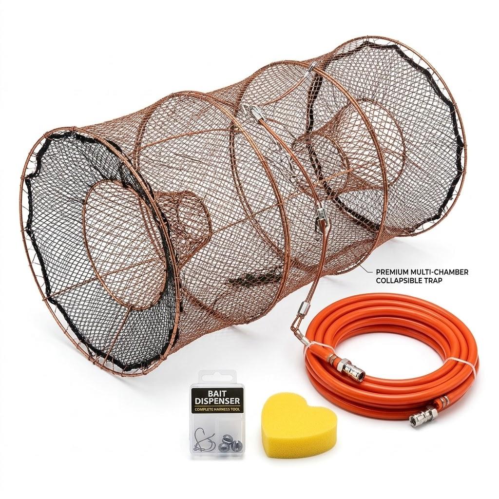 Collapsible Fishing Basket Trap Set with Reinforced Wire Mesh, Heavy-Duty Orange Tether Line, Float & Bait Accessories Kit for Minnows, Crab, Shrimp & Crayfish, 18" to 24"