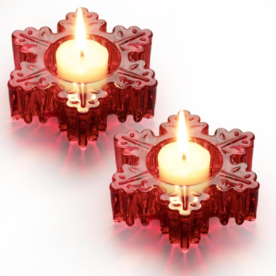 Tealight Candle Holder Set of 2, Red Glass Tealight Holder for Xmas Ornament, Snow Candle Holder Stand for Christmas Table Centerpieces Decoration, Red