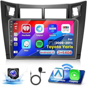Inefala 2+64G Android 13 CarPlay Car Stereo Radio for Toyota Yaris 2006-2011, 9'' HD Touch Screen Compatible with Android Auto, AHD Backup Camera, Mirror Link, GPS, WiFi, FM RDS (Golden Color)
