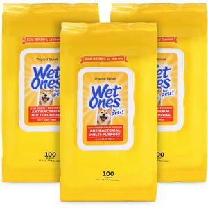 Wet Ones Multi Purpose Pets Wipes for Dogs, with Aloe Vera, Antibacterial, Kills Germs, Tropical Splash Scent, Pack of 3, 100 Count Pouches, 300 Wipes Total