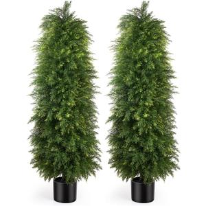2 Pack 5ft Artificial Cedar Topiary Trees, Outdoor Artificial Plants for Front Porch Décor, Artificial Shrubs Fake Plants Uv Rated Potted Plants for Outdoor, Indoor, Front Door, Office