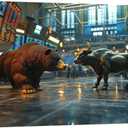 LSIUHWUWI Bull and Bear Canvas Wall Art, Bear Canvas Wall Decor, Bull Pictures Wall Decor, Bear and A Bull Statue Stand in a Stock Exchange Wall Art,Office Wall Art, Wall Decor 24x36 Inch