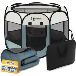 Siedihit Medium Dog Cat Playpen, Puppy Pet Playpen Indoor for Dog Crate Tent Cage Outdoor, Portable Pop Up Dogs Enclosure Kennel with Carrying Case for Dogs/Cats/Rabbits (Grey with Pad, Medium)