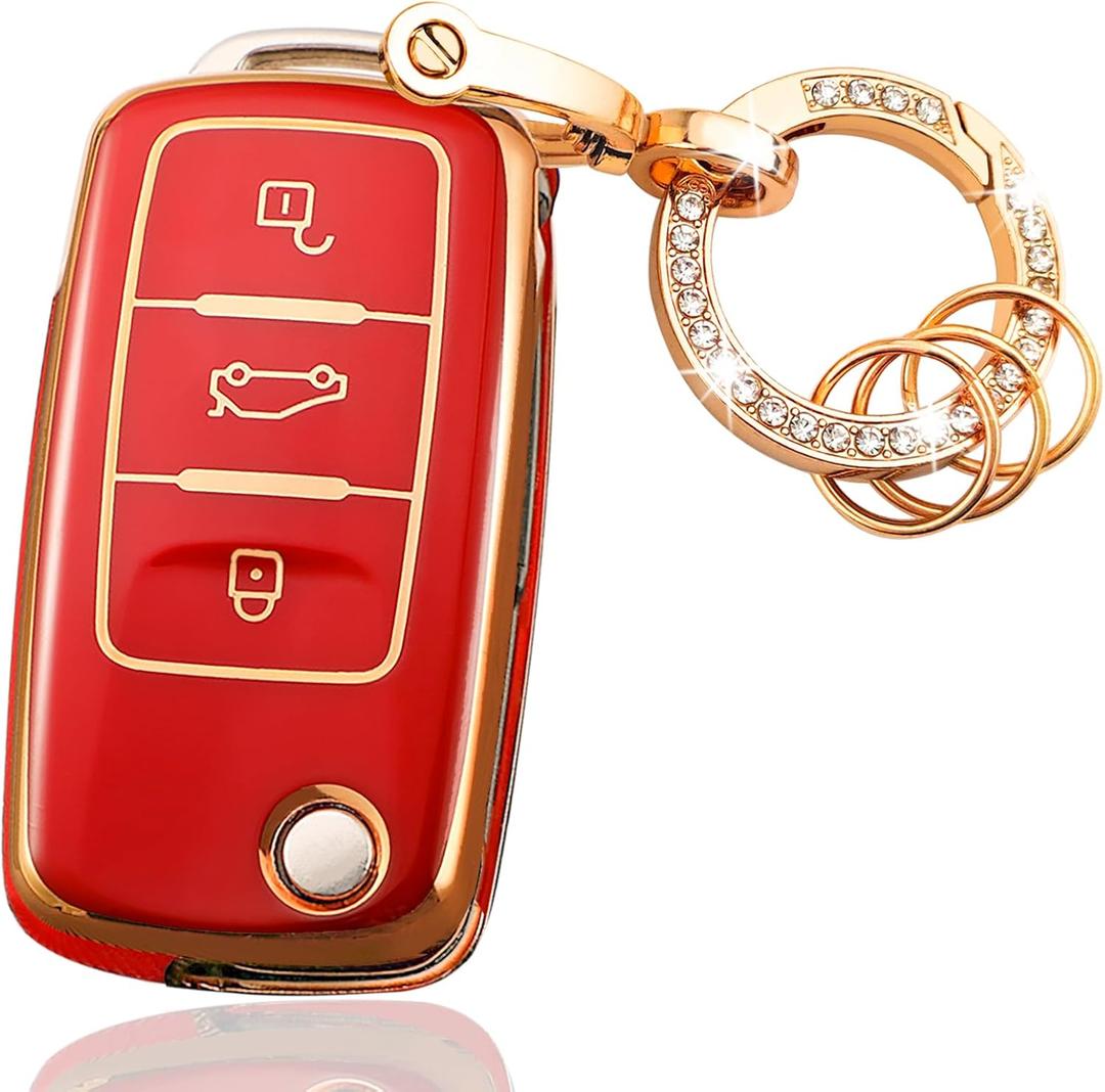 OLLEN TPU Key Fob Cover with Bling Ring, Fit for Volkswagen VW Jetta Golf Polo MK6 Passat Tiguan Beetle Polo MK7 Passat Cross Gran Sagitar Santana Bora Skoda, Soft Remote TPU Key Case, 3 Button, Red
