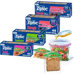 Ziploc Storage Bags Variety Pack, 190ct Total, 42ct Storage Gallon and 48ct Storage Quart, 50ct Sandwich and 50ct Snack