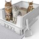 FURTIME XXXL Extra Large Stainless Steel Litter Box with Lid, Large Cat Litter Box for Big Cat, Large Metal Cat Box with High Sided, Non-Stick, Easy Cleaning, Includes Scoop and Mat