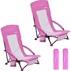 SUNNYFEEL Folding Beach Chair, High Back Beach Chairs for Adults, Lightweight Portable Camp Chair 300lbs Heavy Duty with Carry Bag, Cup Holder for Outdoor Travel Picnic Concert, 2 Pack, Pink, Large