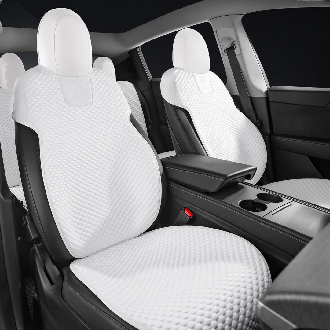 Ice Silk Car Seat Cover for Tesla Model Y 2020–2024 (5-Seat), Breathable Cooling Seat Cushion, Non-Slip Full Set, Washable Summer Seat Protector, White