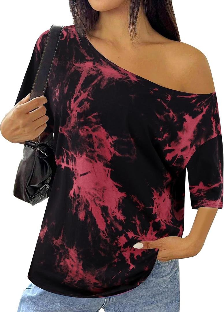 SOFIA'S CHOICE Women's Off The Shoulder Tops Half Sleeve Tie Dye T-Shirts Loose Fit Casual Summer Blouse Red Black Medium (M)