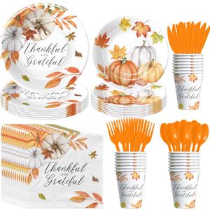 Thanksgiving Decorations Party Tableware, Fall Leaves Pumpkin Theme Thanksgiving Plates and Napkins Party Supplies Table Decorations, Paper Plate, Cup, Napkin, Disposable Cutlery, Serves 24