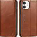 SHIELDON Wallet Case for iPhone 12 5G, Genuine Leather Folio Case Magnetic Shock Absorbing Cover RFID Blocking Credit Card Holder Kickstand Compatible with iPhone 12/12 Pro 6.1" - Retro Brown