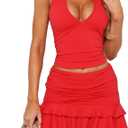 Women 2 Piece Mini Skirt Set Y2k Sleeveless Backless Top + Layered Short Dress Summer Sexy Mini Skirt Set Beachwear, Size: S