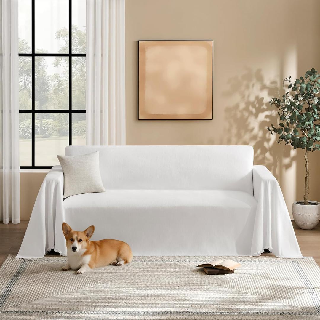 Couch Cover for Dogs Sectional Sofa Covers Washable for 2 Cushion Couch, Chenille Couch Cover Blanket, Sectional Sofa Slipcovers, Multi-Use Furniture Protector for Kids, Pets, 91" X118", White